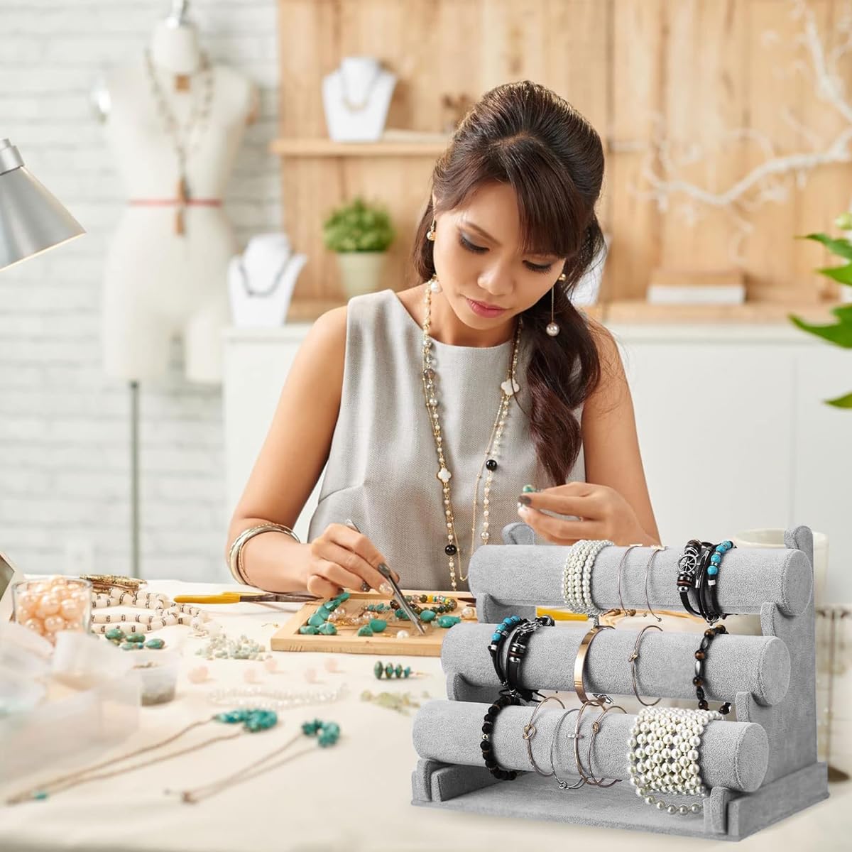 MAYCREATE Bracelet Holder Organizer 3-Tier Jewelry Display Stand for Watch Bangle Bracelet - Detachable Velvet Desk Bracelets Storage Showcase Rack, Grey MAYCREATE Bracelet Holder Organizer 3-Tier Jewelry Display Stand for Watch Bangle Bracelet - Detachable Velvet Desk Bracelets Storage Showcase Rack, Grey